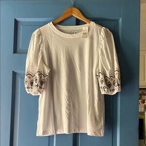 LOFT White Top with Embroidered Sleeves